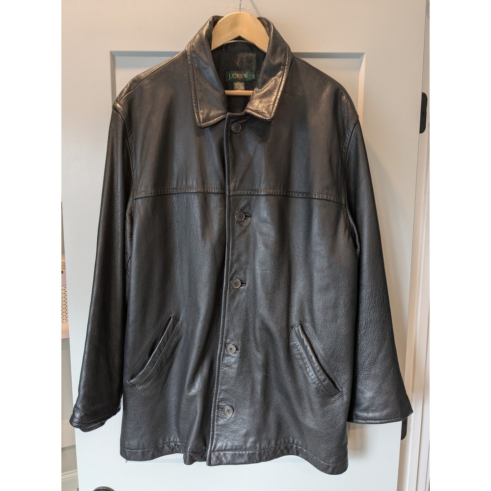 J Crew Oarsman Mens Black Leather‎ Button Front Lined Jacket Size Large READ